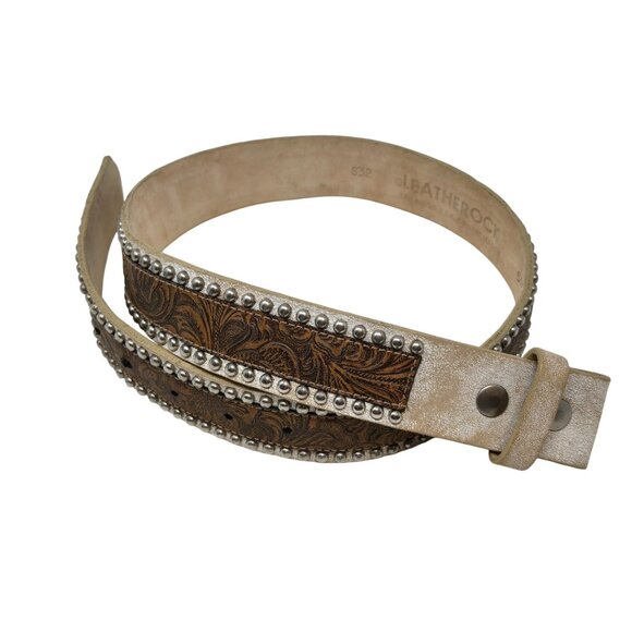 Leatherock Embossed Brown & Beige Floral Leather Belt With Silver Studded Accent - Picture 1 of 4